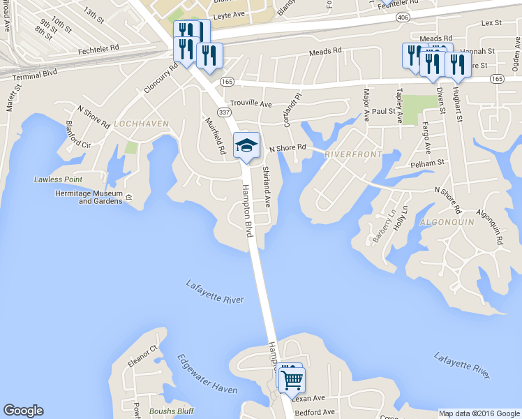 map of restaurants, bars, coffee shops, grocery stores, and more near 1600-1698 Helena Avenue in Norfolk