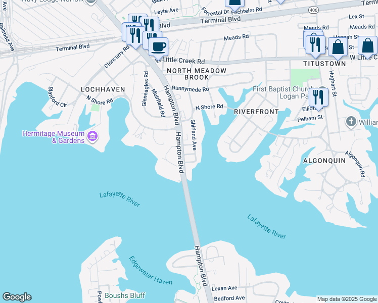 map of restaurants, bars, coffee shops, grocery stores, and more near 1610 Pasadena Court in Norfolk