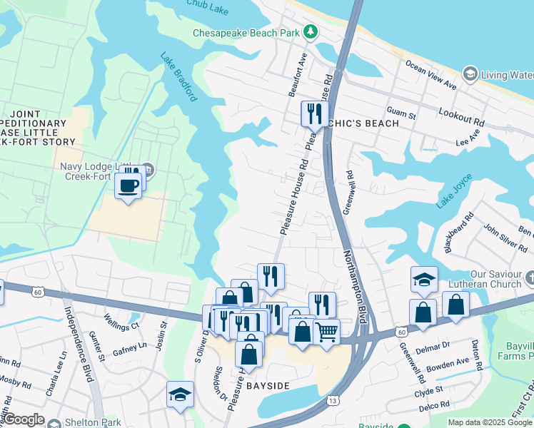 map of restaurants, bars, coffee shops, grocery stores, and more near 4835 Secure Court in Virginia Beach