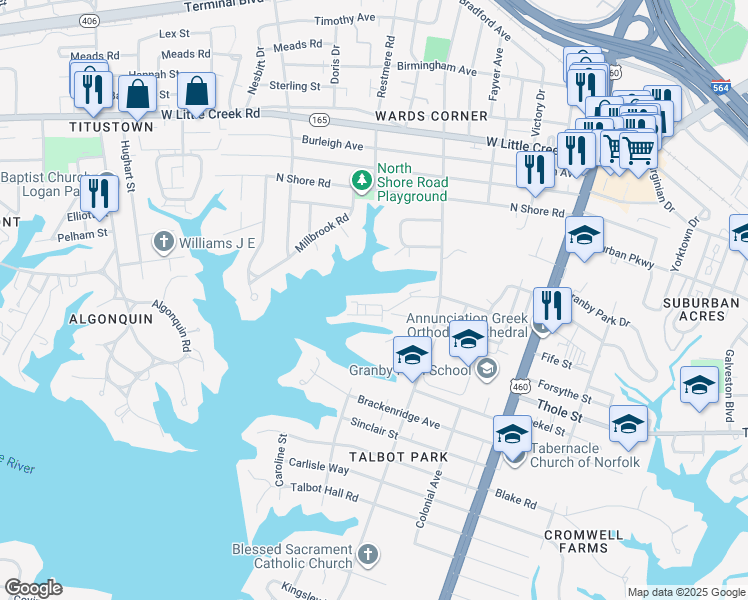 map of restaurants, bars, coffee shops, grocery stores, and more near 573 Westport Street in Norfolk
