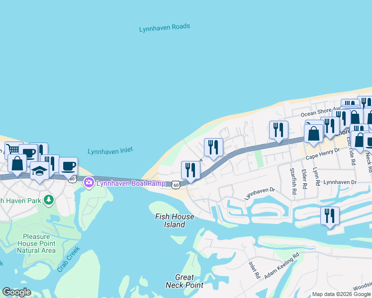 map of restaurants, bars, coffee shops, grocery stores, and more near 3232 Page Avenue in Virginia Beach