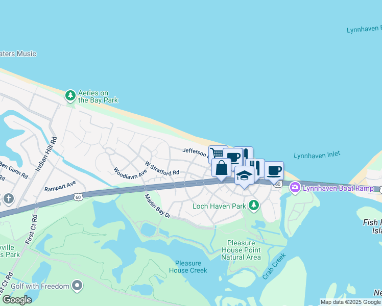 map of restaurants, bars, coffee shops, grocery stores, and more near 3759 Jefferson Boulevard in Virginia Beach