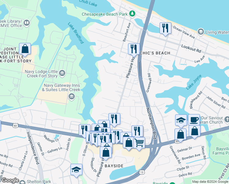 map of restaurants, bars, coffee shops, grocery stores, and more near 4829 Secure Court in Virginia Beach