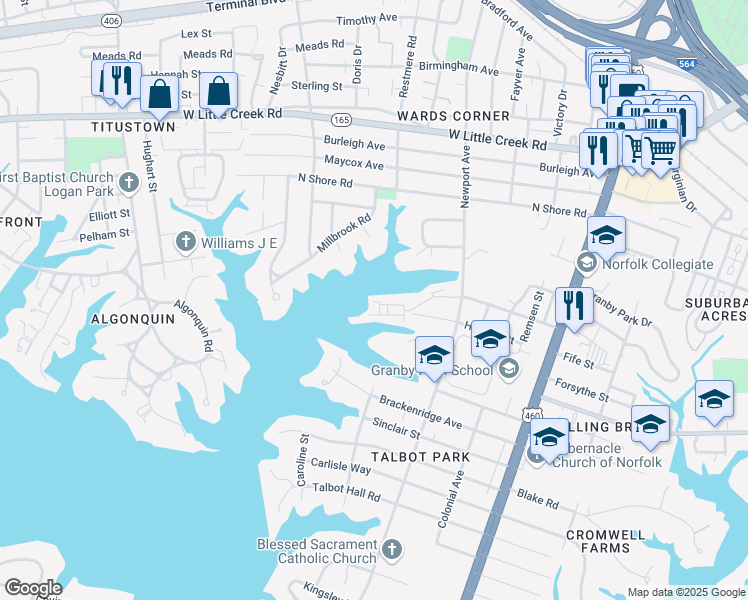 map of restaurants, bars, coffee shops, grocery stores, and more near 573 Westport Street in Norfolk