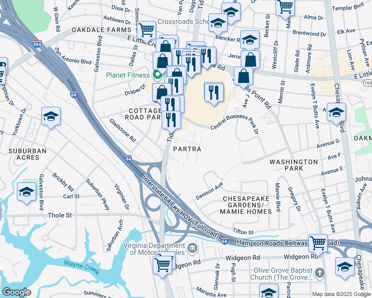 map of restaurants, bars, coffee shops, grocery stores, and more near 7461 Fenner Street in Norfolk