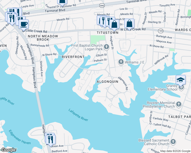 map of restaurants, bars, coffee shops, grocery stores, and more near 1201 North Shore Road in Norfolk