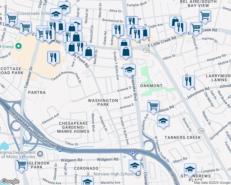 map of restaurants, bars, coffee shops, grocery stores, and more near in Norfolk