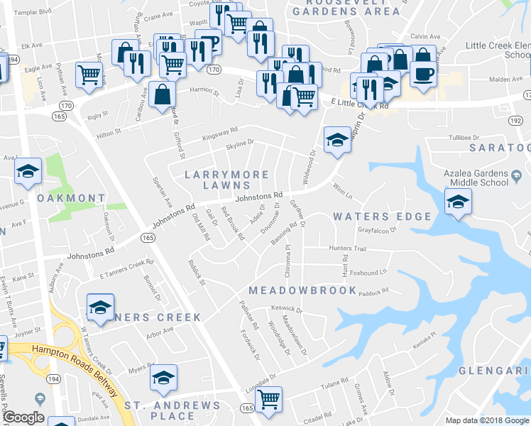 map of restaurants, bars, coffee shops, grocery stores, and more near 7040 Adele Drive in Norfolk