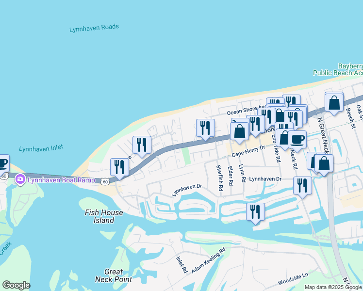 map of restaurants, bars, coffee shops, grocery stores, and more near 2320 Beach Haven Drive in Virginia Beach