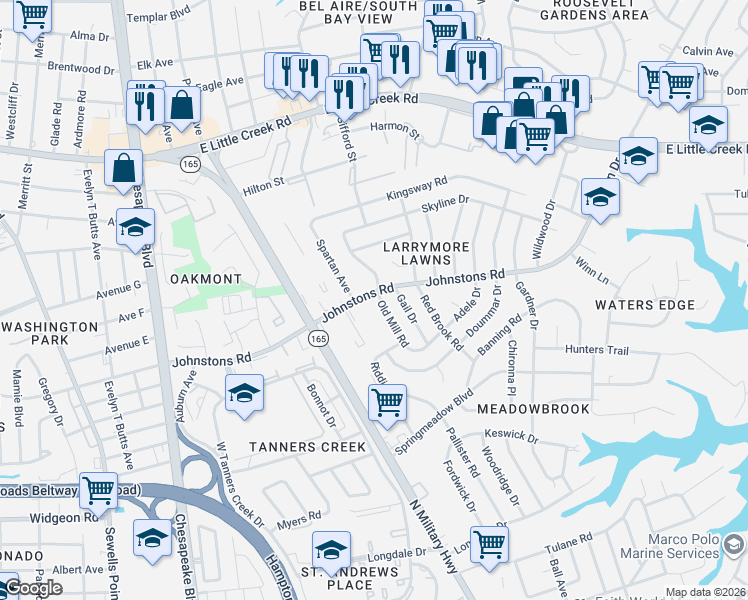 map of restaurants, bars, coffee shops, grocery stores, and more near 1562 Johnstons Road in Norfolk