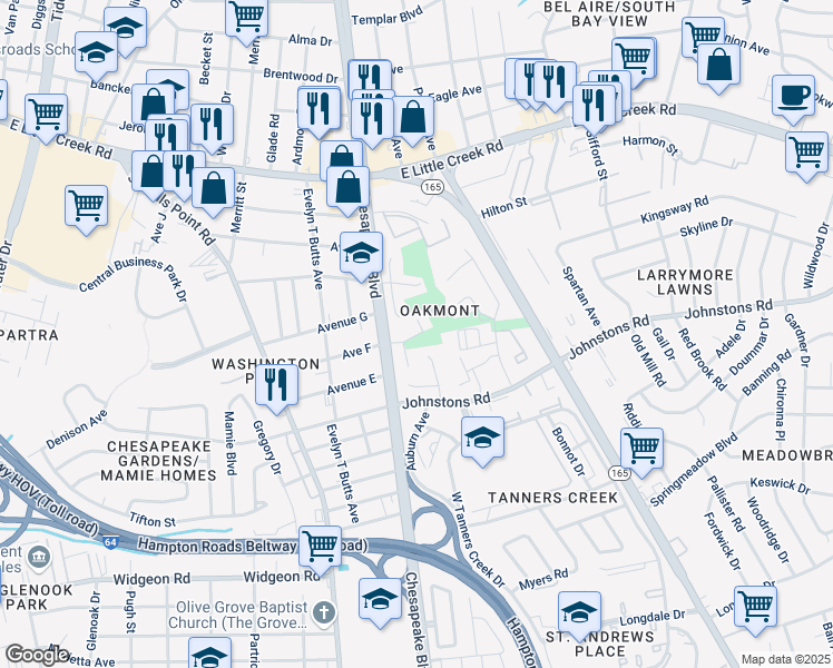 map of restaurants, bars, coffee shops, grocery stores, and more near 7246 Chesapeake Boulevard in Norfolk