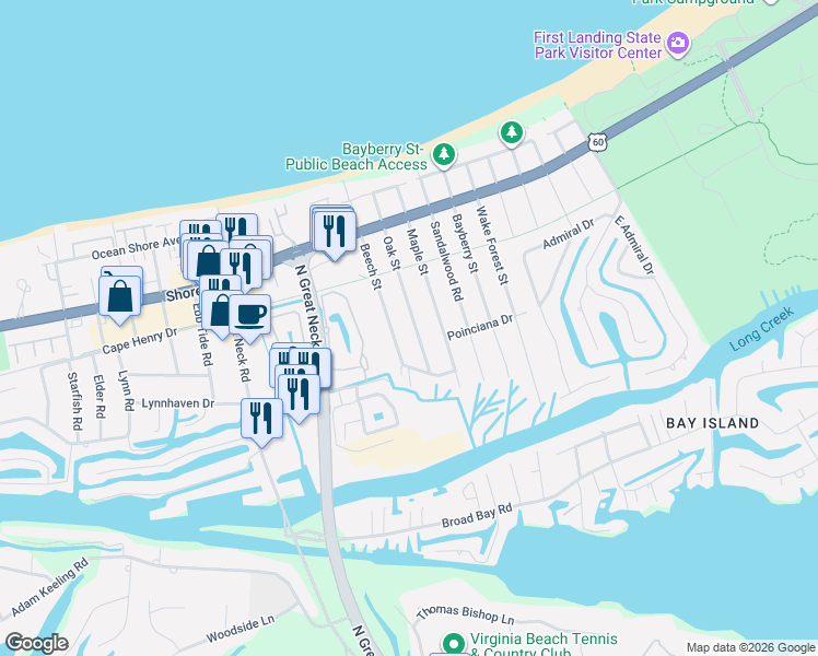 map of restaurants, bars, coffee shops, grocery stores, and more near 2227 Maple Street in Virginia Beach