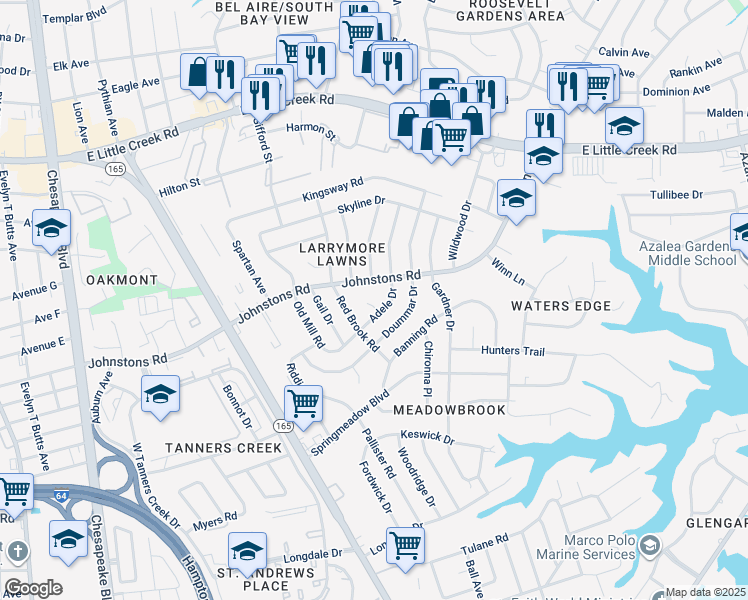 map of restaurants, bars, coffee shops, grocery stores, and more near 7029 Adele Court in Norfolk