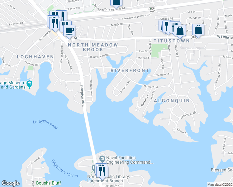 map of restaurants, bars, coffee shops, grocery stores, and more near 1314 Laurel Crescent in Norfolk