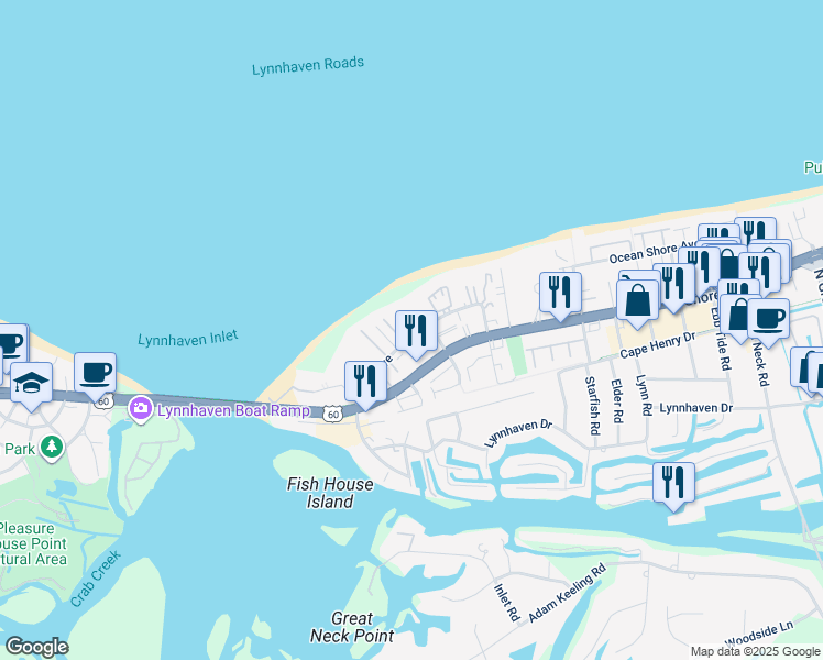 map of restaurants, bars, coffee shops, grocery stores, and more near 2332 Osprey Villa Court in Virginia Beach