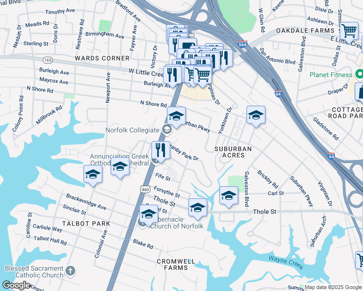 map of restaurants, bars, coffee shops, grocery stores, and more near 7312 Granby Street in Norfolk