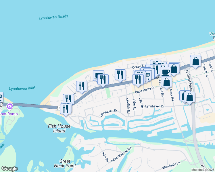 map of restaurants, bars, coffee shops, grocery stores, and more near 2300 Beach Haven Drive in Virginia Beach