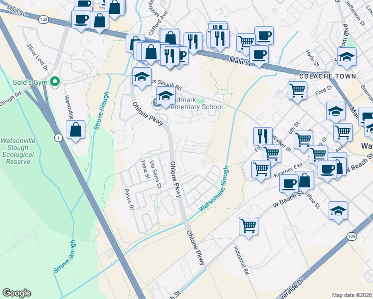 map of restaurants, bars, coffee shops, grocery stores, and more near 511 Ohlone Parkway in Watsonville