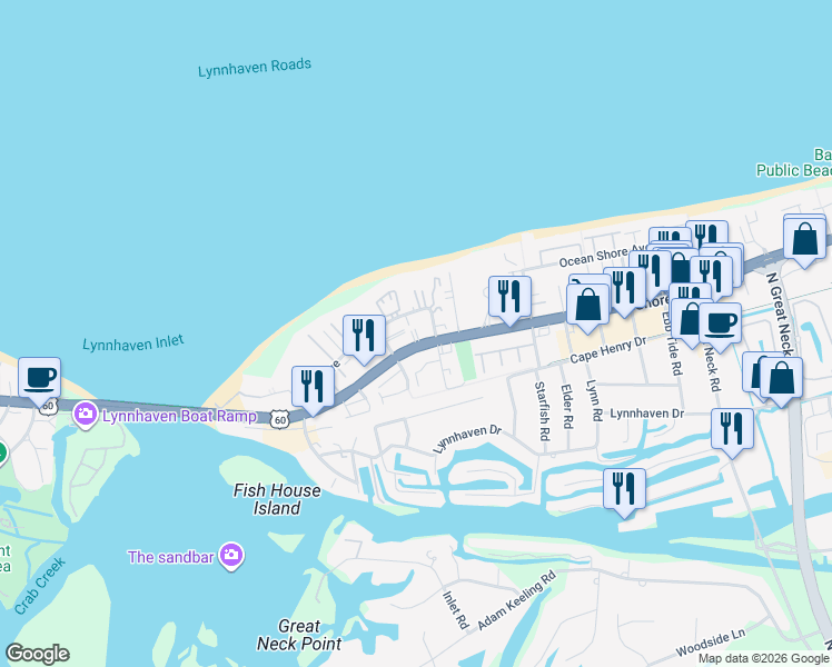 map of restaurants, bars, coffee shops, grocery stores, and more near in Virginia Beach