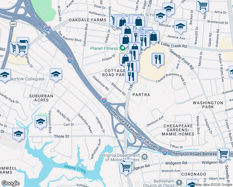 map of restaurants, bars, coffee shops, grocery stores, and more near 526 Gladstone Road in Norfolk
