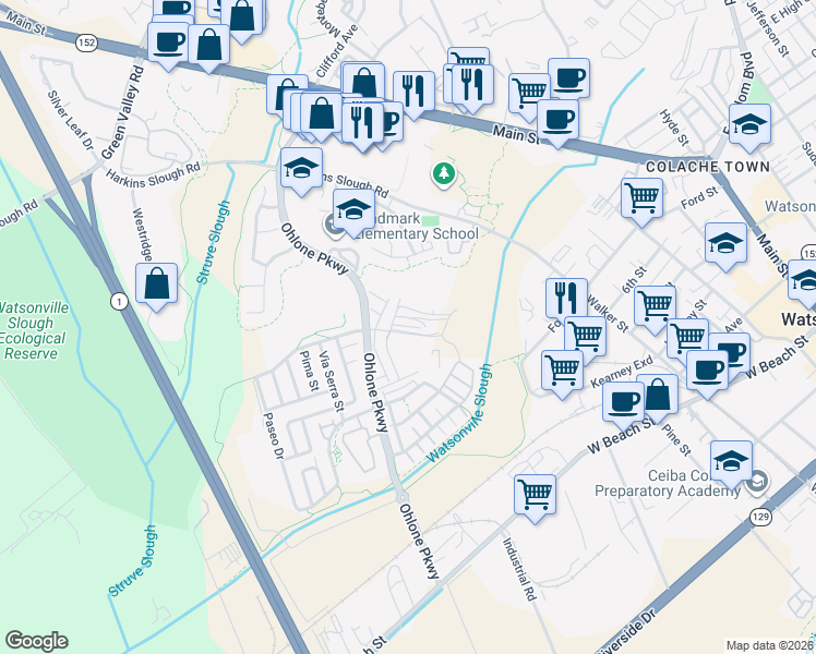map of restaurants, bars, coffee shops, grocery stores, and more near 118 Skyline Vista Way in Watsonville