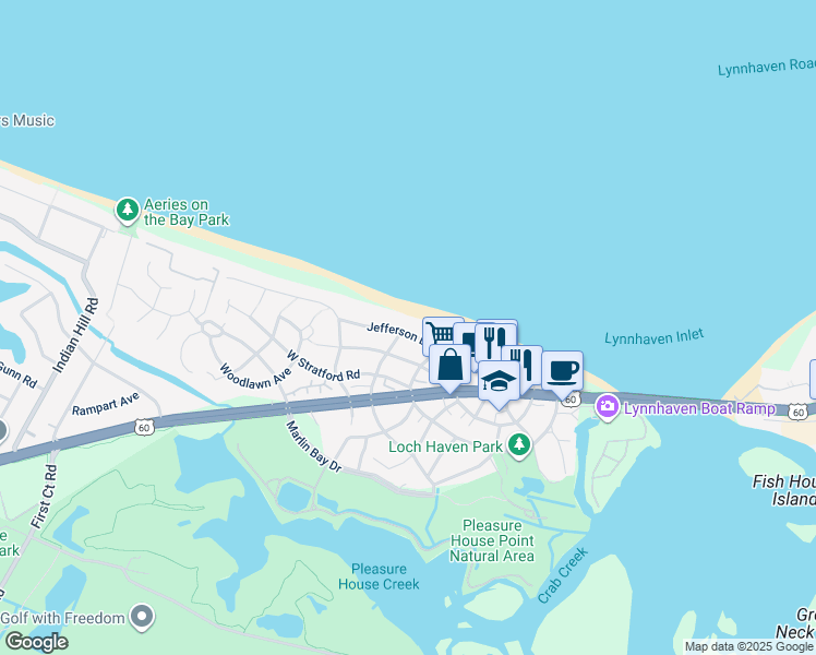 map of restaurants, bars, coffee shops, grocery stores, and more near 3744 Jefferson Boulevard in Virginia Beach