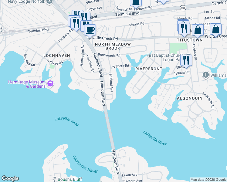 map of restaurants, bars, coffee shops, grocery stores, and more near 7226 Shirland Avenue in Norfolk