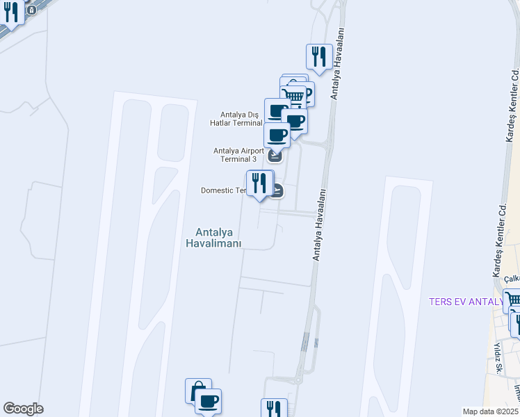map of restaurants, bars, coffee shops, grocery stores, and more near 7 Antalya Havaalanı in Muratpaşa
