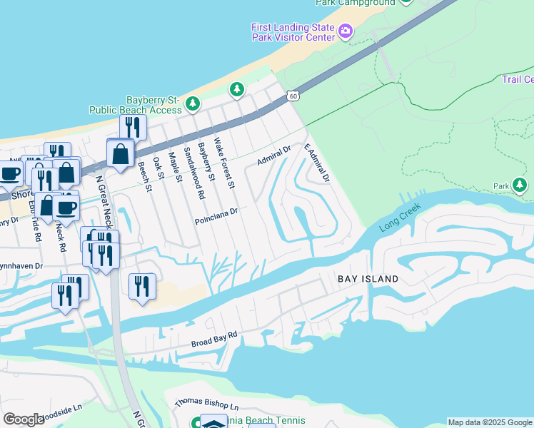 map of restaurants, bars, coffee shops, grocery stores, and more near 2128 West Admiral Drive in Virginia Beach
