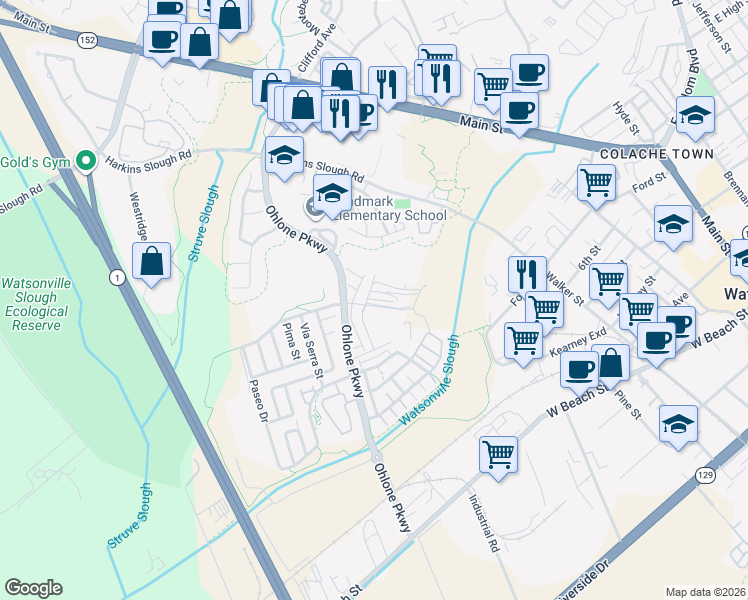 map of restaurants, bars, coffee shops, grocery stores, and more near 511 Ohlone Parkway in Watsonville