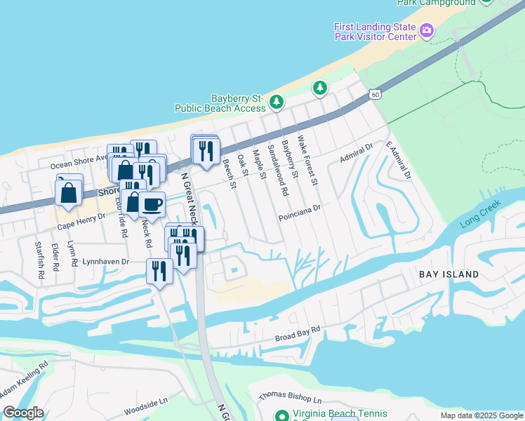 map of restaurants, bars, coffee shops, grocery stores, and more near 2227 Maple Street in Virginia Beach
