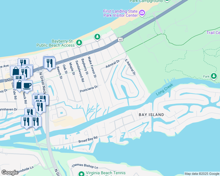map of restaurants, bars, coffee shops, grocery stores, and more near 2128 West Admiral Drive in Virginia Beach