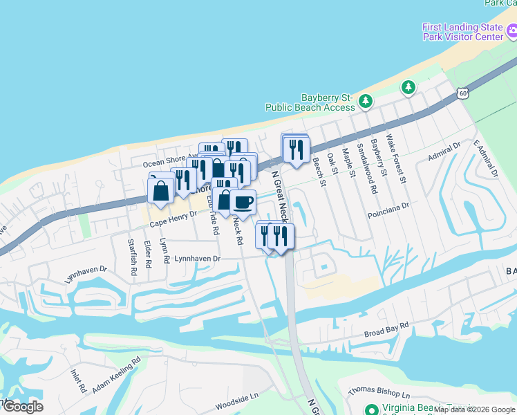 map of restaurants, bars, coffee shops, grocery stores, and more near 2250 West Great Neck Road in Virginia Beach