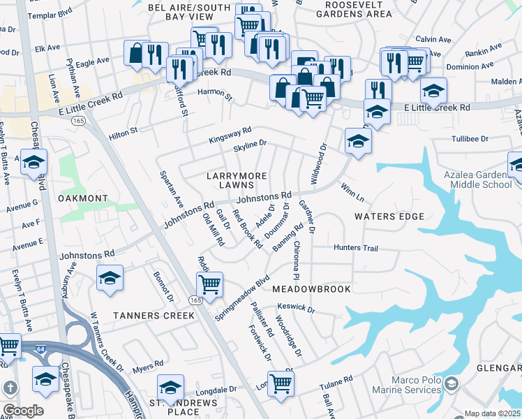 map of restaurants, bars, coffee shops, grocery stores, and more near 7029 Adele Court in Norfolk