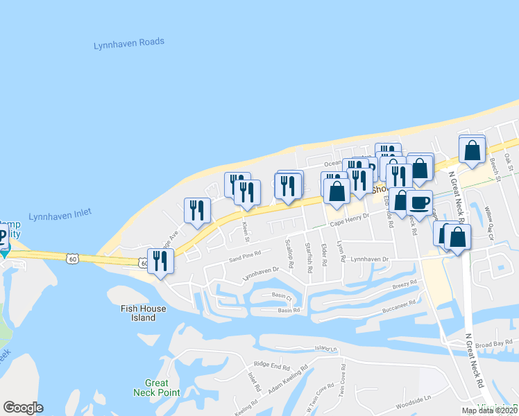 map of restaurants, bars, coffee shops, grocery stores, and more near 2304 Beach Haven Drive in Virginia Beach