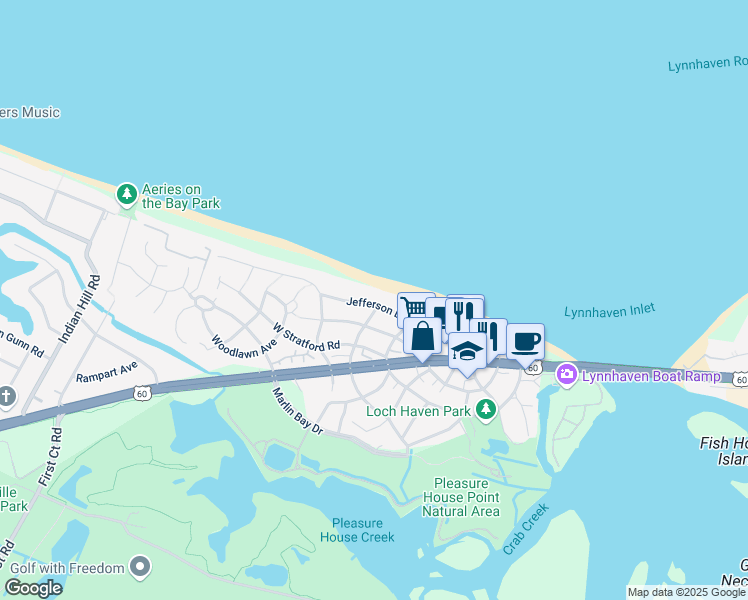 map of restaurants, bars, coffee shops, grocery stores, and more near 3748 Jefferson Boulevard in Virginia Beach