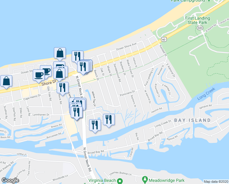 map of restaurants, bars, coffee shops, grocery stores, and more near 2221 Maple Street in Virginia Beach