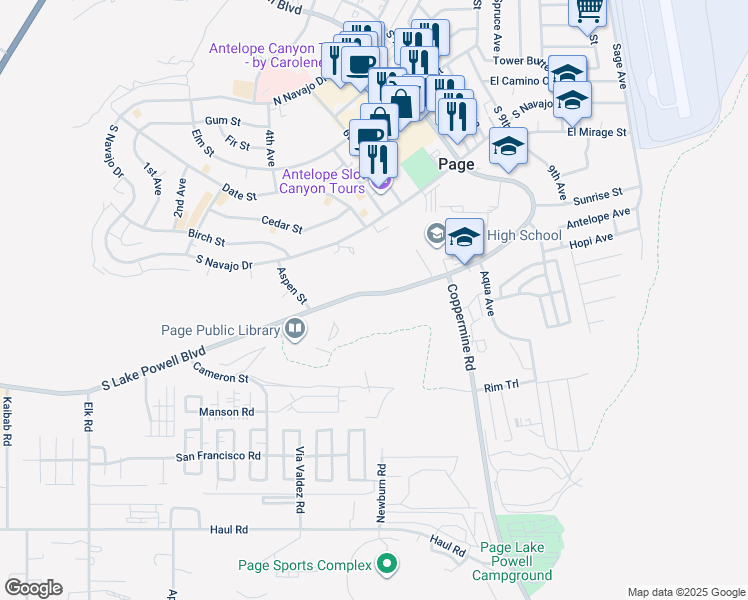 map of restaurants, bars, coffee shops, grocery stores, and more near 459 South Lake Powell Boulevard in Page