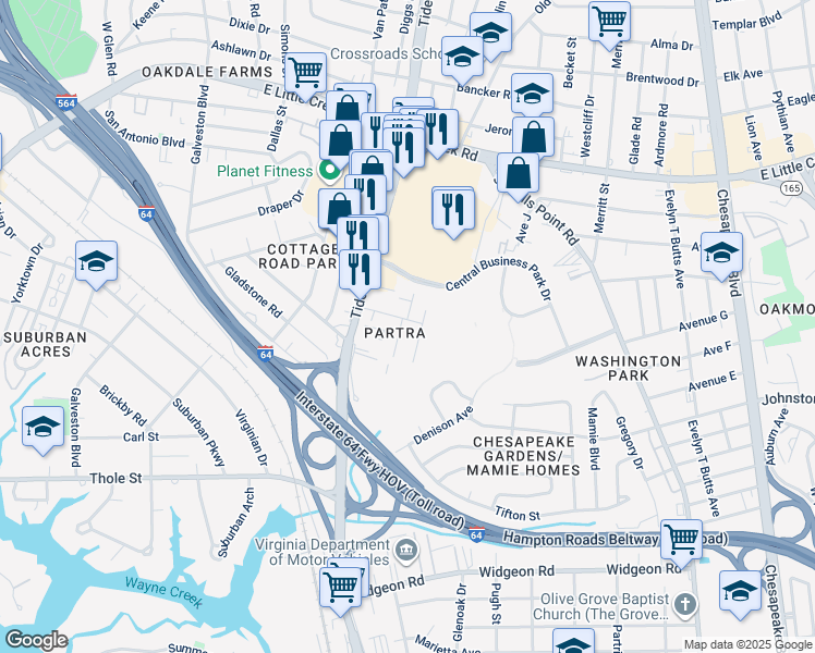 map of restaurants, bars, coffee shops, grocery stores, and more near 7454 Fenner Street in Norfolk
