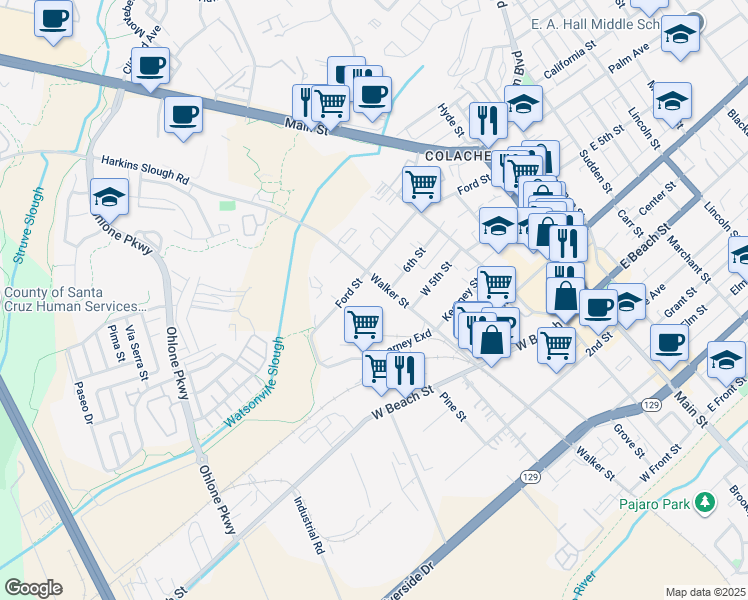 map of restaurants, bars, coffee shops, grocery stores, and more near 704 Walker Street in Watsonville