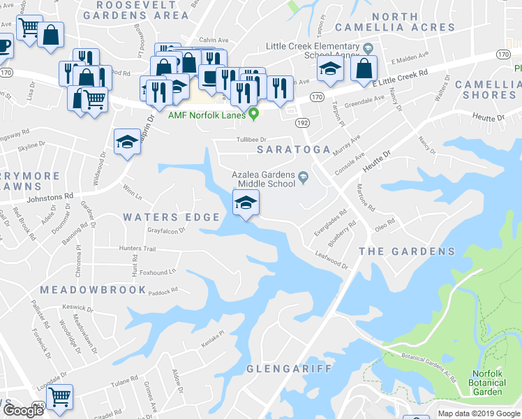 map of restaurants, bars, coffee shops, grocery stores, and more near 7742 Leafwood Drive in Norfolk