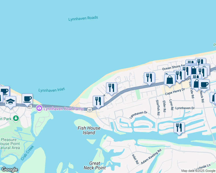map of restaurants, bars, coffee shops, grocery stores, and more near 2394 Bays Edge Avenue in Virginia Beach