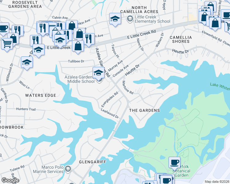 map of restaurants, bars, coffee shops, grocery stores, and more near 2443 Heutte Drive in Norfolk
