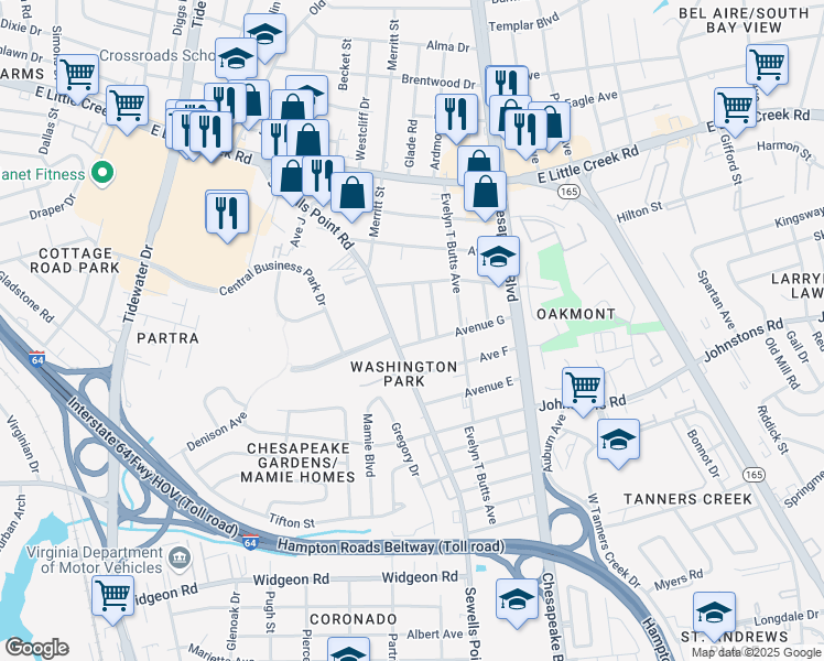map of restaurants, bars, coffee shops, grocery stores, and more near 7421 Davidson Street in Norfolk