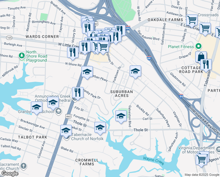 map of restaurants, bars, coffee shops, grocery stores, and more near 7317 Woodfin Avenue in Norfolk