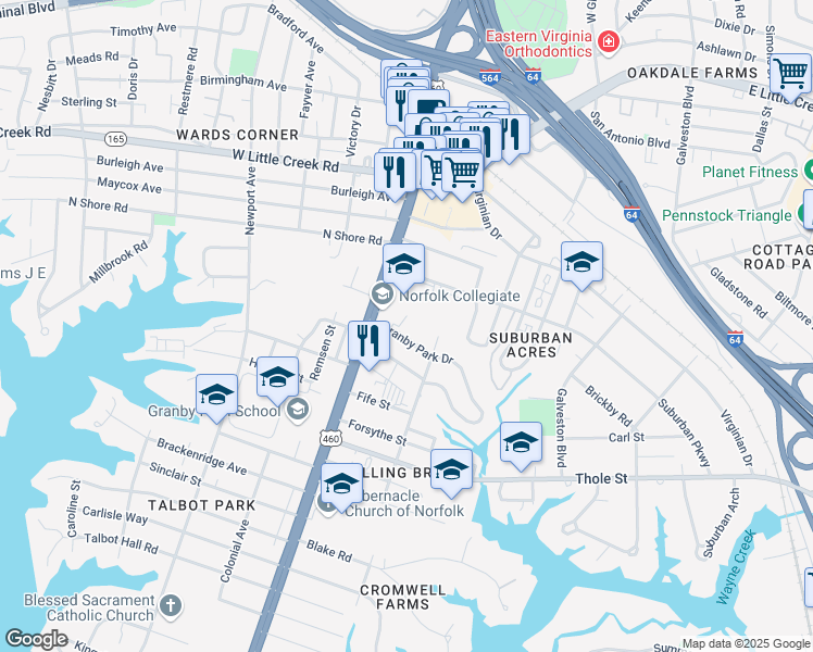 map of restaurants, bars, coffee shops, grocery stores, and more near 7312 Granby Street in Norfolk