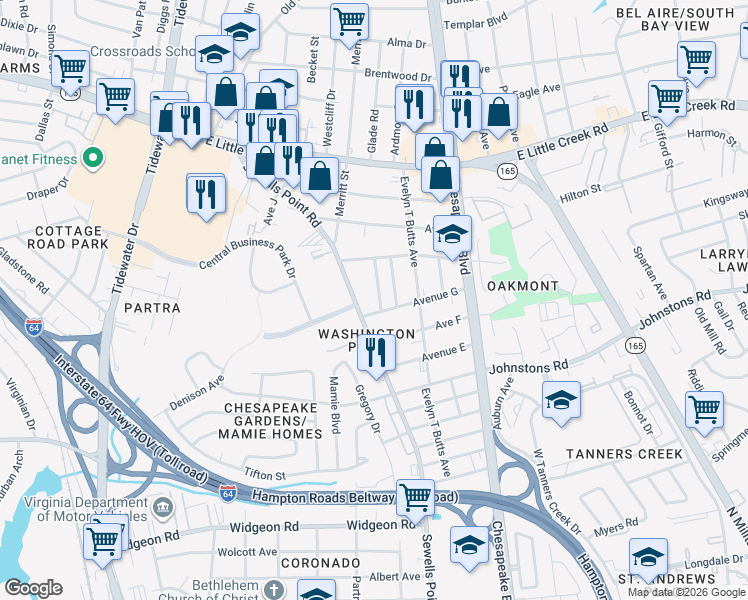 map of restaurants, bars, coffee shops, grocery stores, and more near 7421 Davidson Street in Norfolk