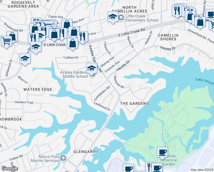 map of restaurants, bars, coffee shops, grocery stores, and more near 2443 Heutte Drive in Norfolk