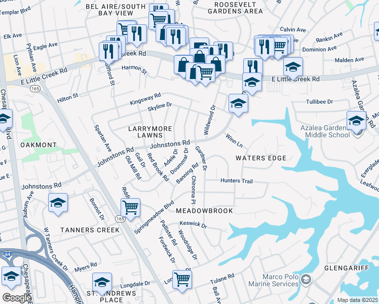 map of restaurants, bars, coffee shops, grocery stores, and more near 7044 Doummar Drive in Norfolk