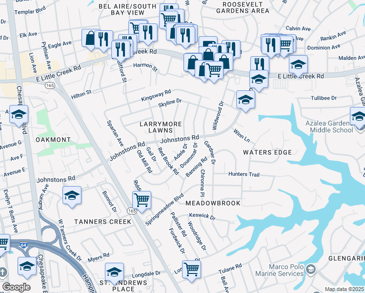 map of restaurants, bars, coffee shops, grocery stores, and more near 7045 Adele Drive in Norfolk